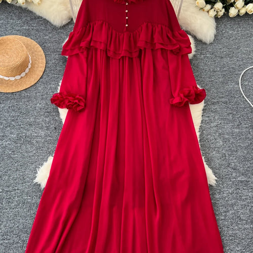 Load image into Gallery viewer, French 2024 Autumn New Solid Elegant Ruffle Edge Neck Long Sleeves Dress Women Vintage Loose Vacation Pleated Dress Popular Chic
