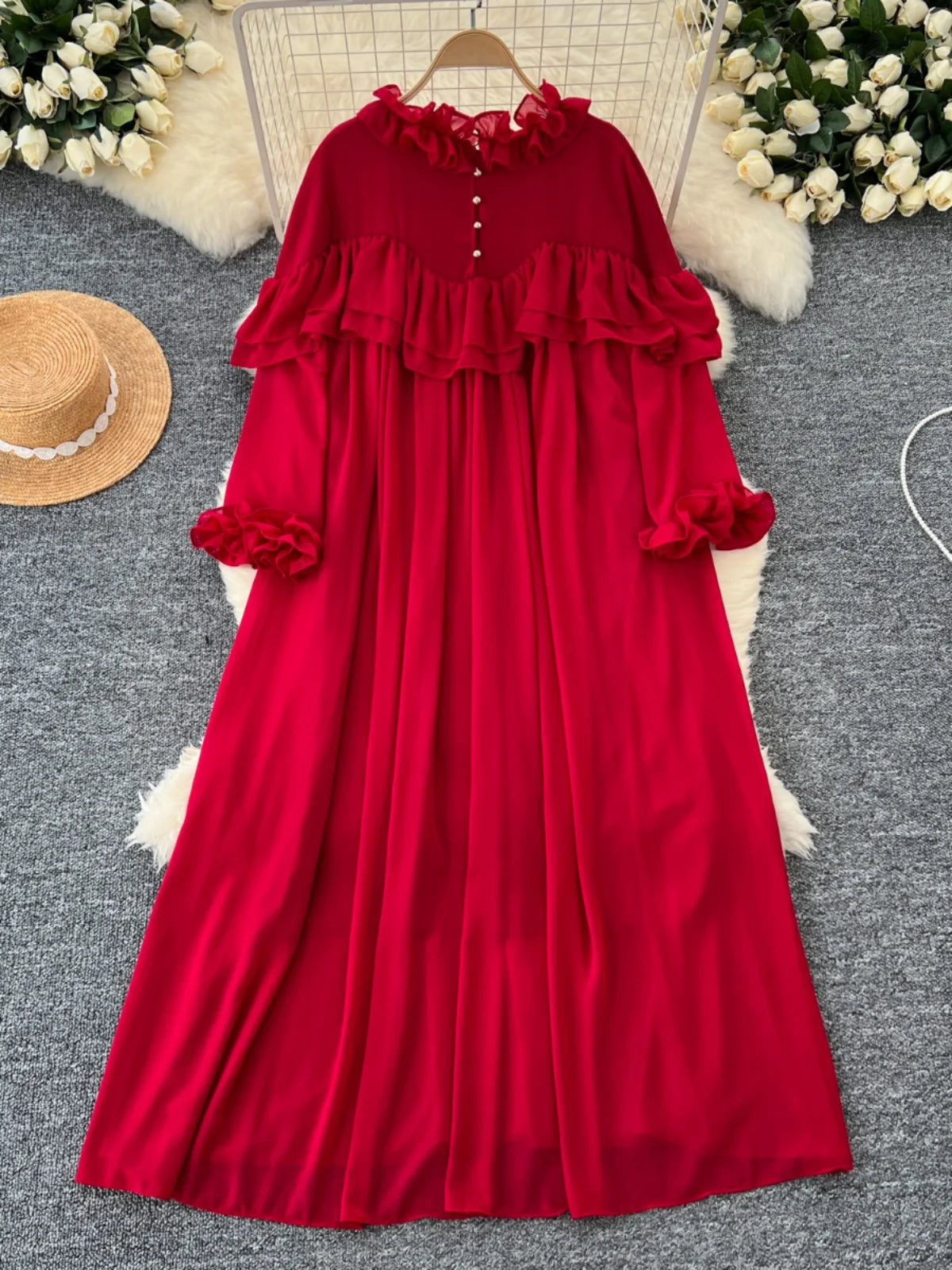 French 2024 Autumn New Solid Elegant Ruffle Edge Neck Long Sleeves Dress Women Vintage Loose Vacation Pleated Dress Popular Chic