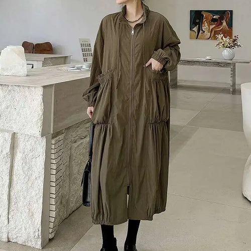 Load image into Gallery viewer, Women Khaki Pleated Big Size Casual Midi Dress New Stand Collar Long Sleeve Fashion Tide Spring Autumn 2025 1DH6824
