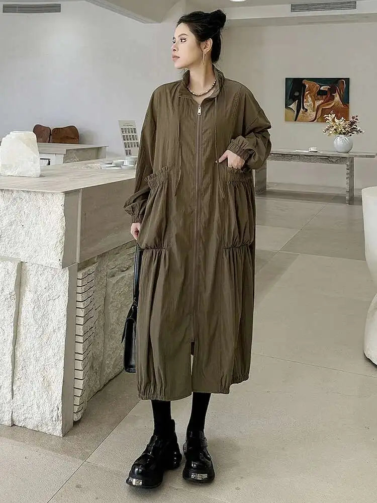Women Khaki Pleated Big Size Casual Midi Dress New Stand Collar Long Sleeve Fashion Tide Spring Autumn 2025 1DH6824