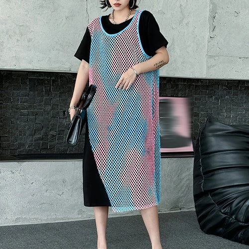 Load image into Gallery viewer, Women Green Colorful Spliced Big Size Midi Dress New Round Neck Short Sleeve Fashion Tide Spring Summer 2025 1DJ1155
