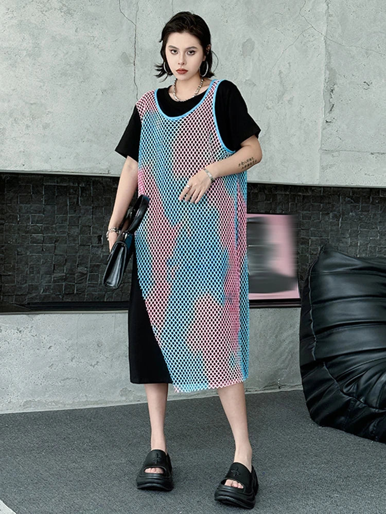 Women Green Colorful Spliced Big Size Midi Dress New Round Neck Short Sleeve Fashion Tide Spring Summer 2025 1DJ1155