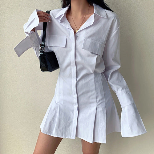 Load image into Gallery viewer, Mini Solid Shirt Dress For Women Lapel Flare Sleeve Patchwork Single Breasted Tunic Temperament Dress Female Summer
