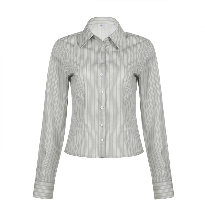 Streetwear Stripe Chic Long Sleeve Spring Blouse Women Buttons Up Top Slim Fashion Retro Shirt Elegant Cardigan 2024