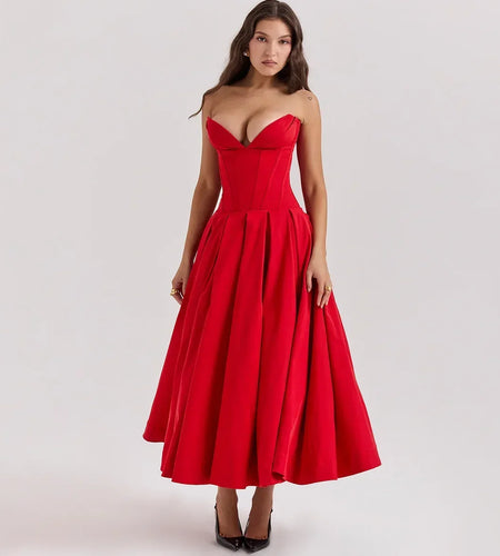 Summer Formal Occasion Strapless Dress Sexy Elegant Fit and Flare Birthday Party Dresses Red Women's Clothing