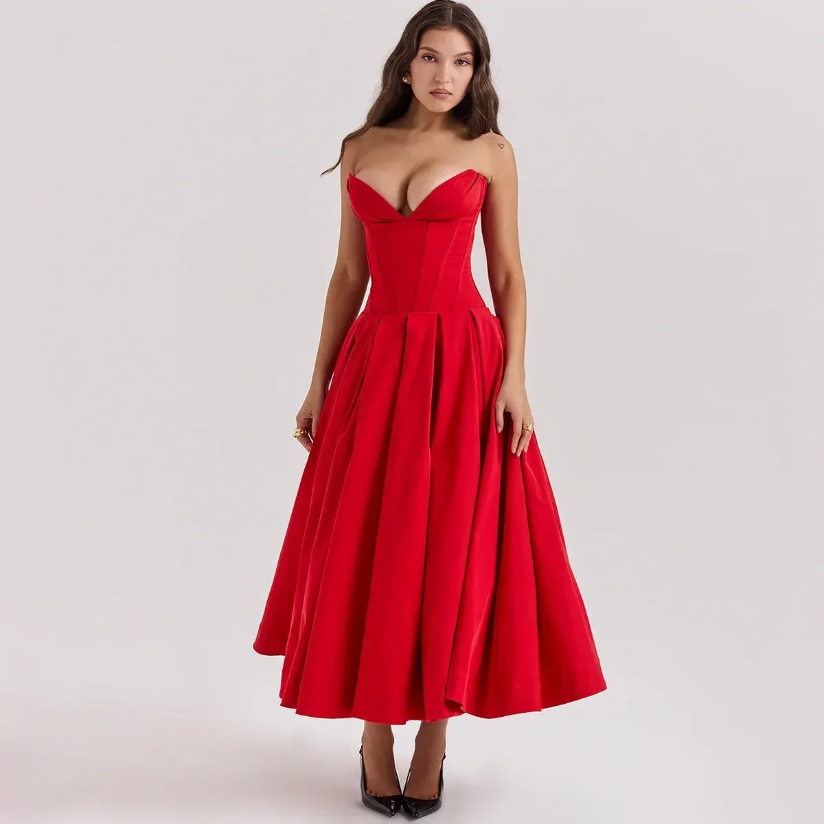 Summer Formal Occasion Strapless Dress Sexy Elegant Fit and Flare Birthday Party Dresses Red Women's Clothing