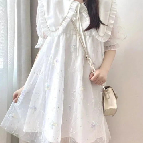 Load image into Gallery viewer, Kawaii Sweet Lolita Dress Soft Girl School Student Preppy Style Cute Mesh Peter Pan Collar Puff Sleeve Short Dresses
