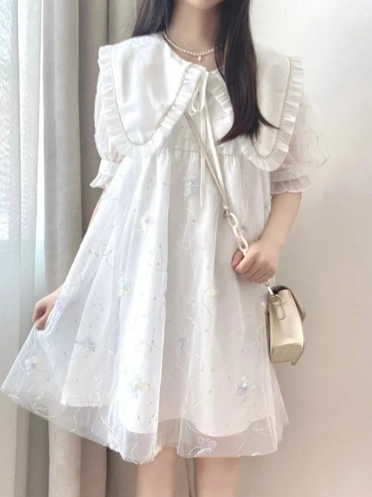 Kawaii Sweet Lolita Dress Soft Girl School Student Preppy Style Cute Mesh Peter Pan Collar Puff Sleeve Short Dresses