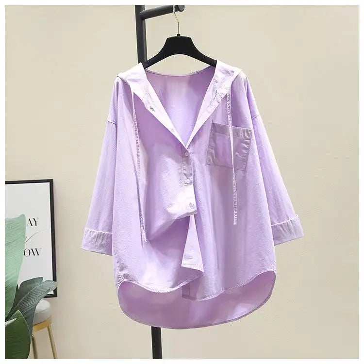 Fashion Women Shirts And Blouses 2023 Feminine Blouse Top Long Sleeve Casual White Hooded Collar Women Loose Blouses