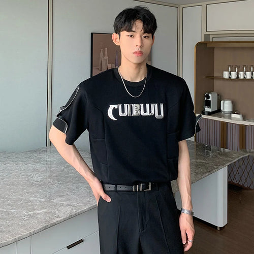 Load image into Gallery viewer, Summer Men&#39;s T-shirt Three-dimensional Letter Zippers Patchwork O-neck Short Sleeve Male Tees Trend Korean Style 9C6795
