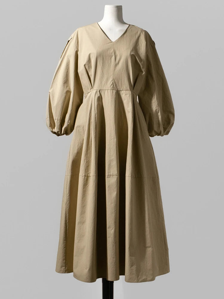 Women Kahki Elegant Big Size Long Dress New V-Neck Long Lantern Sleeve Loose Fit Fashion Tide Spring Autumn 2025  1DH0488