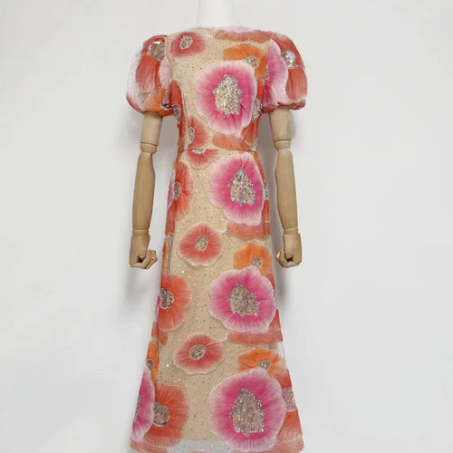 Load image into Gallery viewer, Hit Color Printing Spliced Bead Dresses for Women Round Neck Short Sleeves High Waist Temperament Long Dress Female
