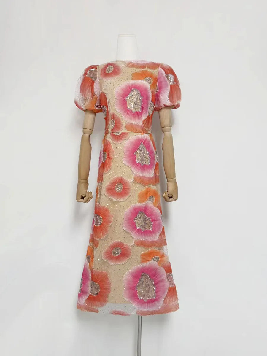 Hit Color Printing Spliced Bead Dresses for Women Round Neck Short Sleeves High Waist Temperament Long Dress Female