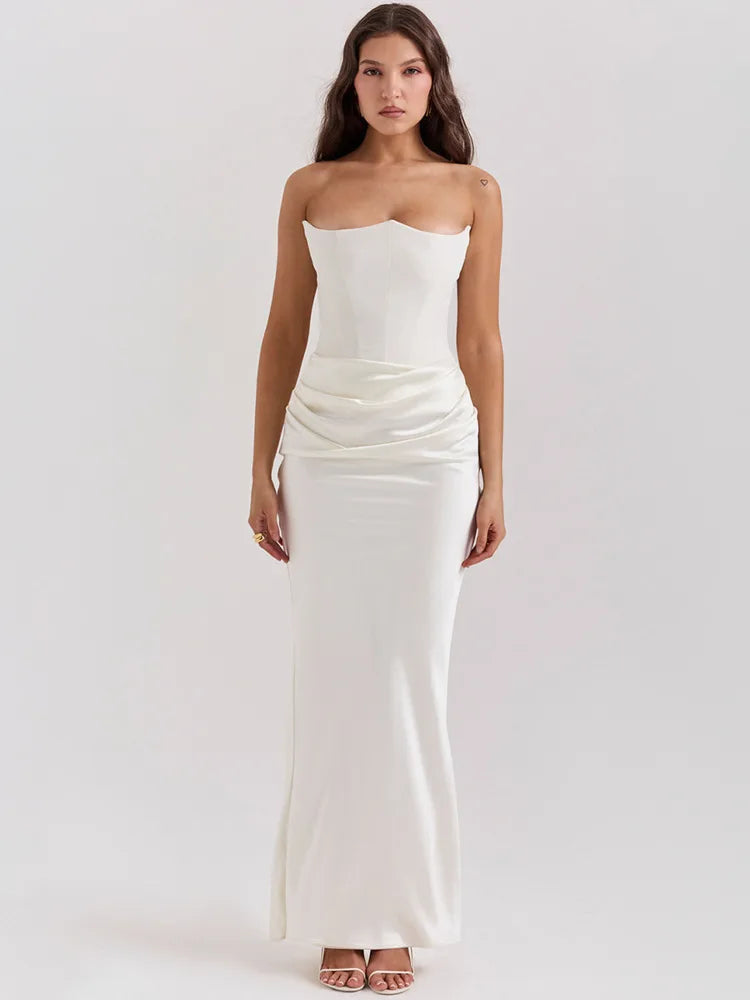 Elegant Strapless Satin PatchWork Bodycon Party Club Evening Dress Women Winter Sexy Backless Female Vestido 2025 New