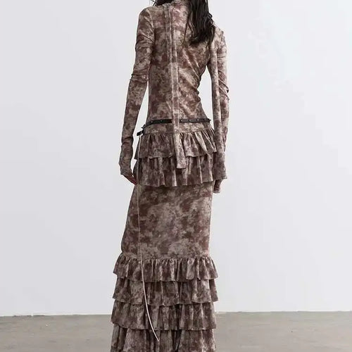 Load image into Gallery viewer, Women Beige Hollow Out Bandge Ruffles Long Elegant Dress New V-Neck Long Sleeve Fashion Tide Spring Autumn 2025 1DH4719
