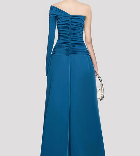 Solid Spliced Folds Irregular Dresses for Women Diagonal Collar One Shoulder High Waist Long Dress Female Clothing