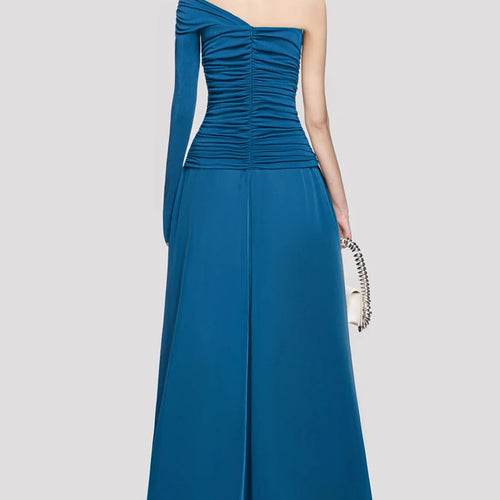 Load image into Gallery viewer, Solid Spliced Folds Irregular Dresses for Women Diagonal Collar One Shoulder High Waist Long Dress Female Clothing
