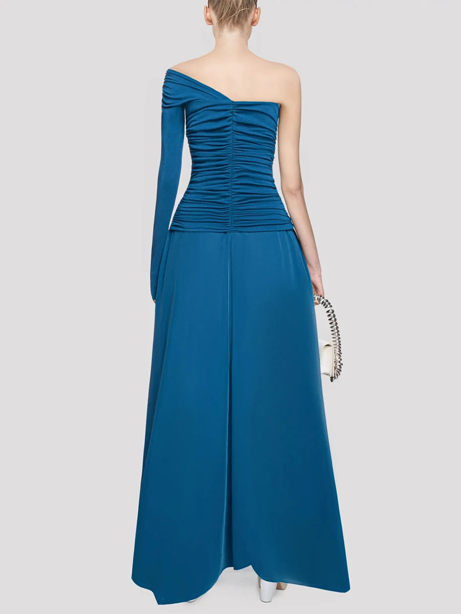 Solid Spliced Folds Irregular Dresses for Women Diagonal Collar One Shoulder High Waist Long Dress Female Clothing