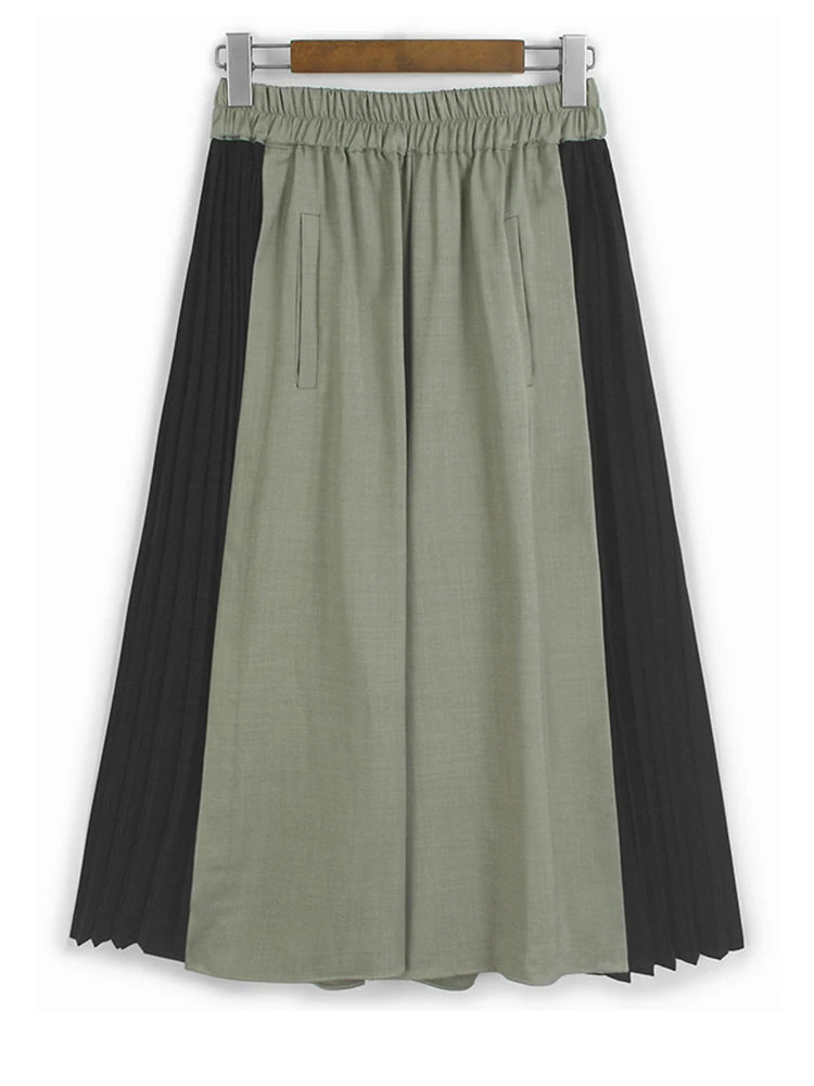 High Elastic Waist Gray Black Color-block Pleated Wide Leg Pants New Trousers Women Fashion Spring Autumn 2025 1DJ1582