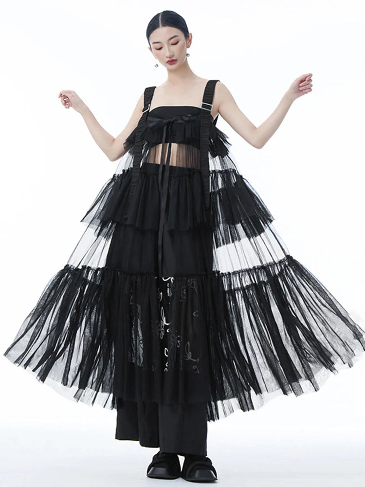 Women Black Mesh Perspective Big Size Strap Dress New Square Collar Sleeveless Fashion Tide Spring Summer 2025 1DJ1242