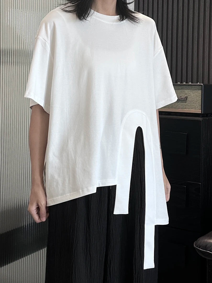 Women White Hem Irregular Spliced Big Size Casual T-shirt New Round Neck Short Sleeve Fashion Spring Summer 2025 1DH5508