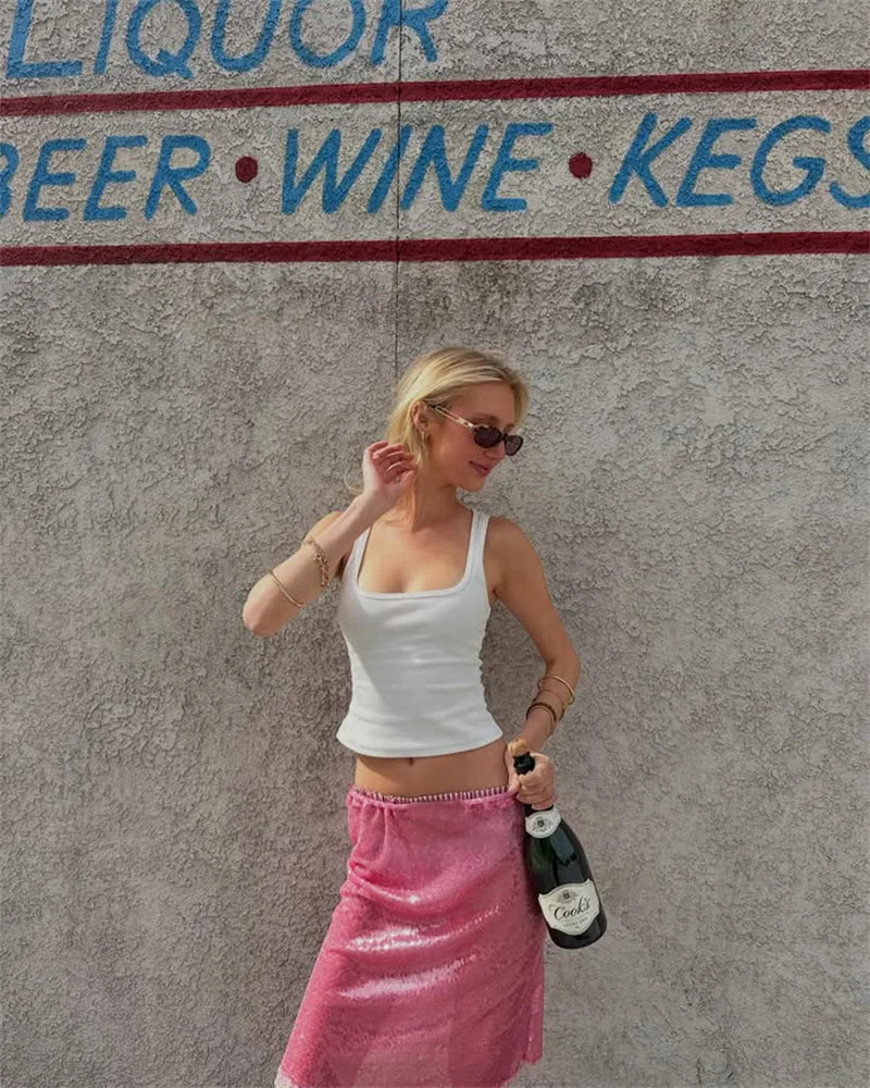Sequin Summer Beach Sexy Skirt Women Elegant Sparkle High Waist A-line Skirts Female Pink Vacation Club Party Skirt