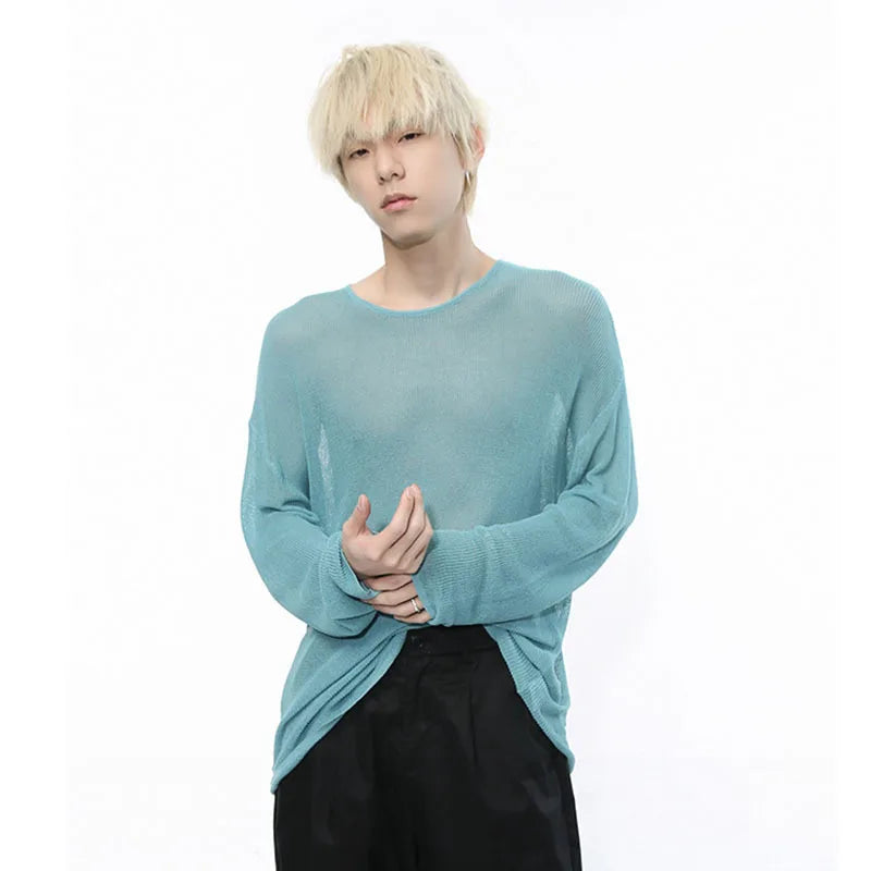 Men's T-shirt Summer New Korean Style Color Long Sleeve Trend Hollow Out Soild Color Round Neck Male Clothing 9C5296