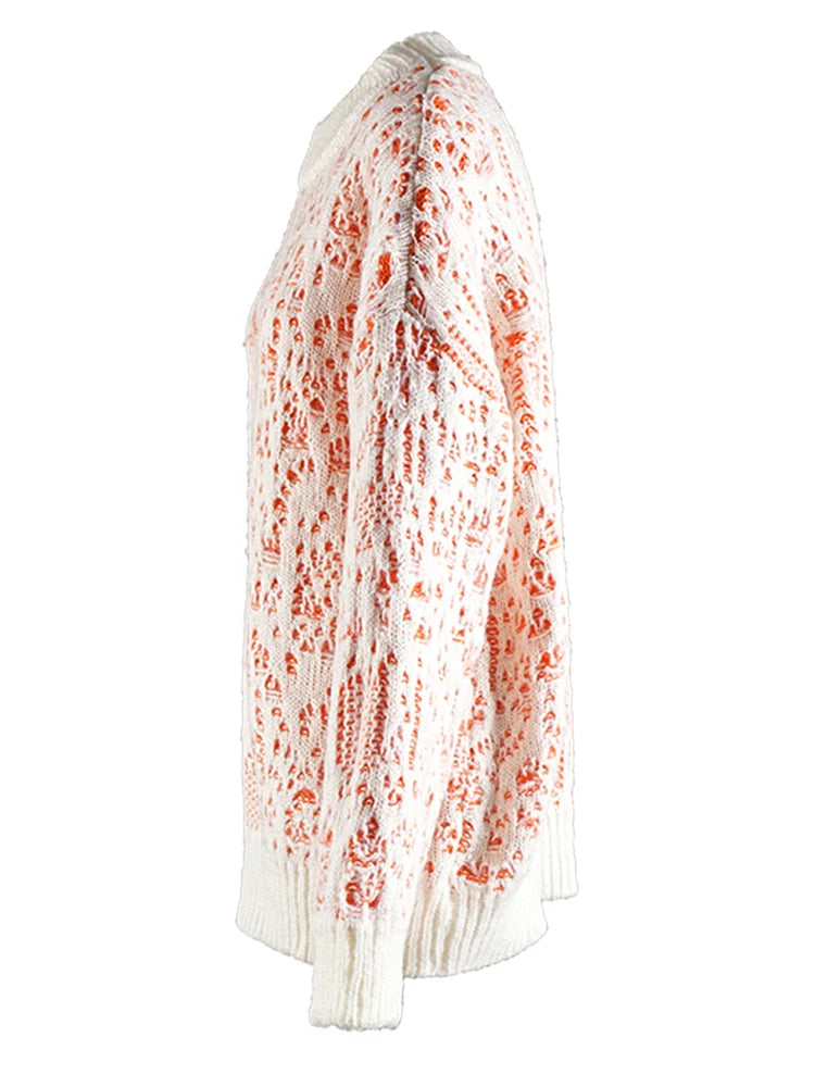 Orange Holes Big Size Knitting Sweater Round Neck Long Sleeve Women Pullovers New Fashion Tide Spring Autumn 2025 CPG2566