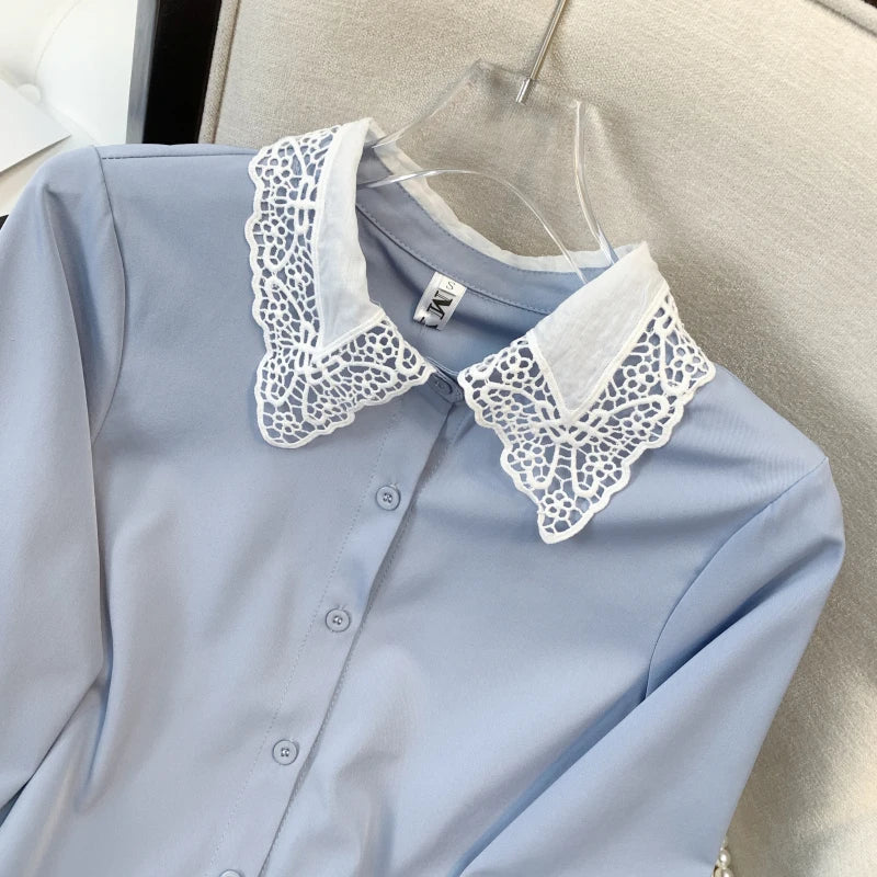 Spring Blue Patchwork Lace Shirt Women Elegant Doll Collar Long Sleeved Blouses Korean Preppy Style Button Cute Tops Retro Trend