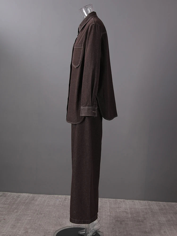 Big Size Denim Shirt Wide Leg Pants Two Piece Suit New Lapel Long Sleeve Women Fashion Tide Spring Autumn 2025 CPG2885