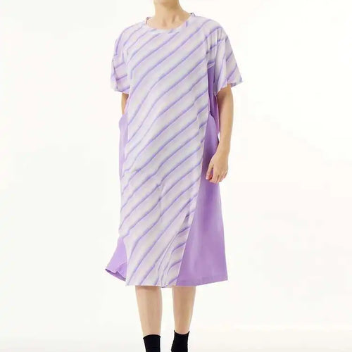 Load image into Gallery viewer, Women Purple Striped Color-block Big Size Dress New Round Neck Short Sleeve Fashion Tide Spring Summer 2025 1DH5420
