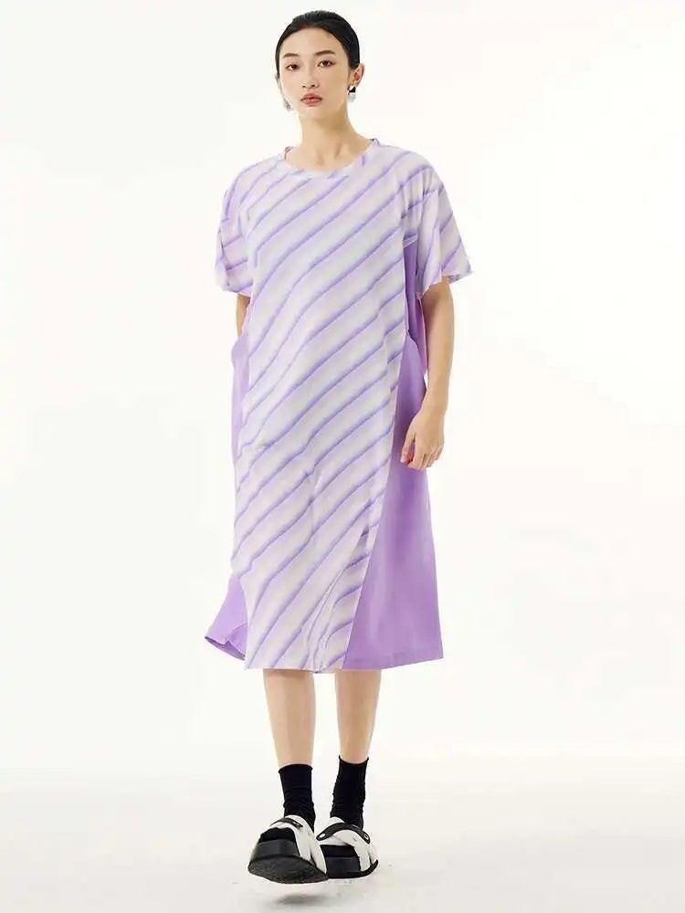 Women Purple Striped Color-block Big Size Dress New Round Neck Short Sleeve Fashion Tide Spring Summer 2025 1DH5420