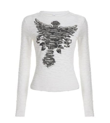 Mall Goth Crop Top y2k Women Clothes Graphic Print Hole Ripped Round Neck Long Sleeve Tshirt E Girl Clothing Streetwear