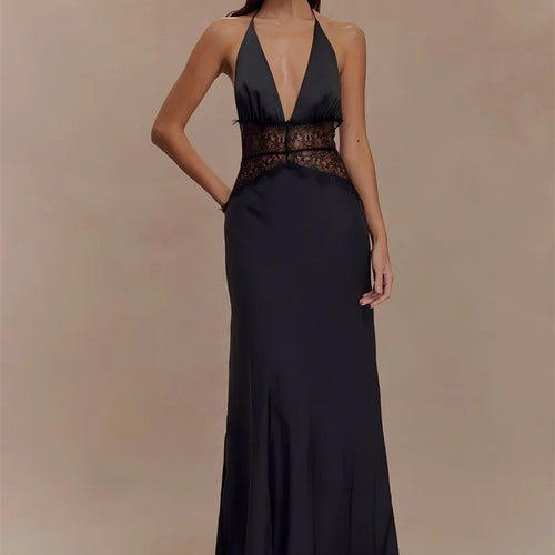 Load image into Gallery viewer, Summer Backless Sexy Maxi Dress Women Gown Patchwork Lace Halter Deep V Neck Sleeveless High Waist Elegant Long Dress
