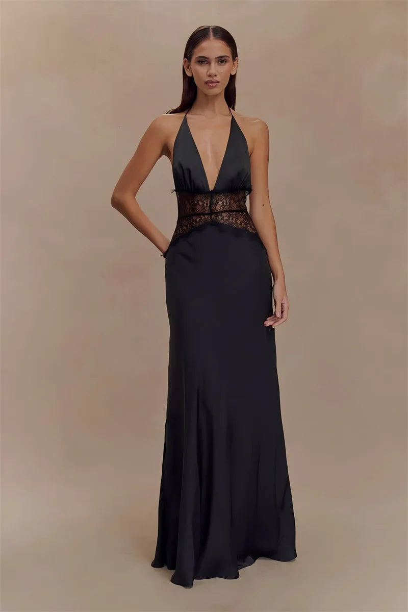 Summer Backless Sexy Maxi Dress Women Gown Patchwork Lace Halter Deep V Neck Sleeveless High Waist Elegant Long Dress