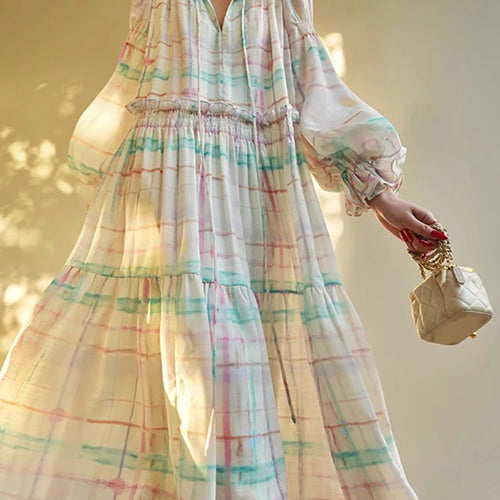 Load image into Gallery viewer, Hit Color Loose Casual Dresses For Women V Neck Long Sleeve High Waist Temperament Dress Female Fashion Style New
