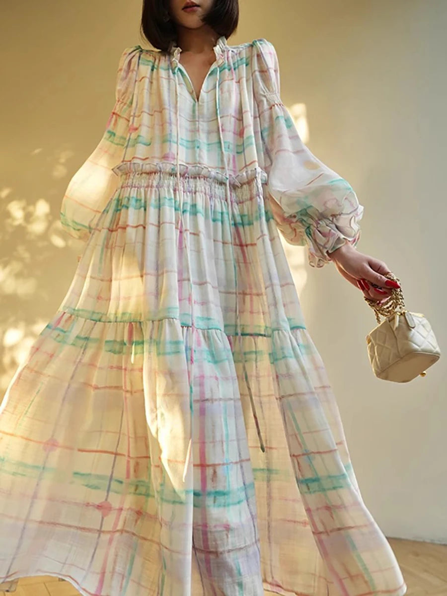 Hit Color Loose Casual Dresses For Women V Neck Long Sleeve High Waist Temperament Dress Female Fashion Style New