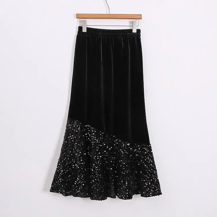 Autumn Winter French Vintage Sequin Patchwork Velvet Fishtail Long Skirts Women's 2024 Elegant High Waist Festival Skirt Street
