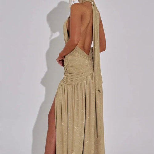 Load image into Gallery viewer, Glitter Deep V Neck Sexy Maxi Dress For Women 2025 Fashion Sparkle Halter Sleeveless Backless Split Club Long Dress
