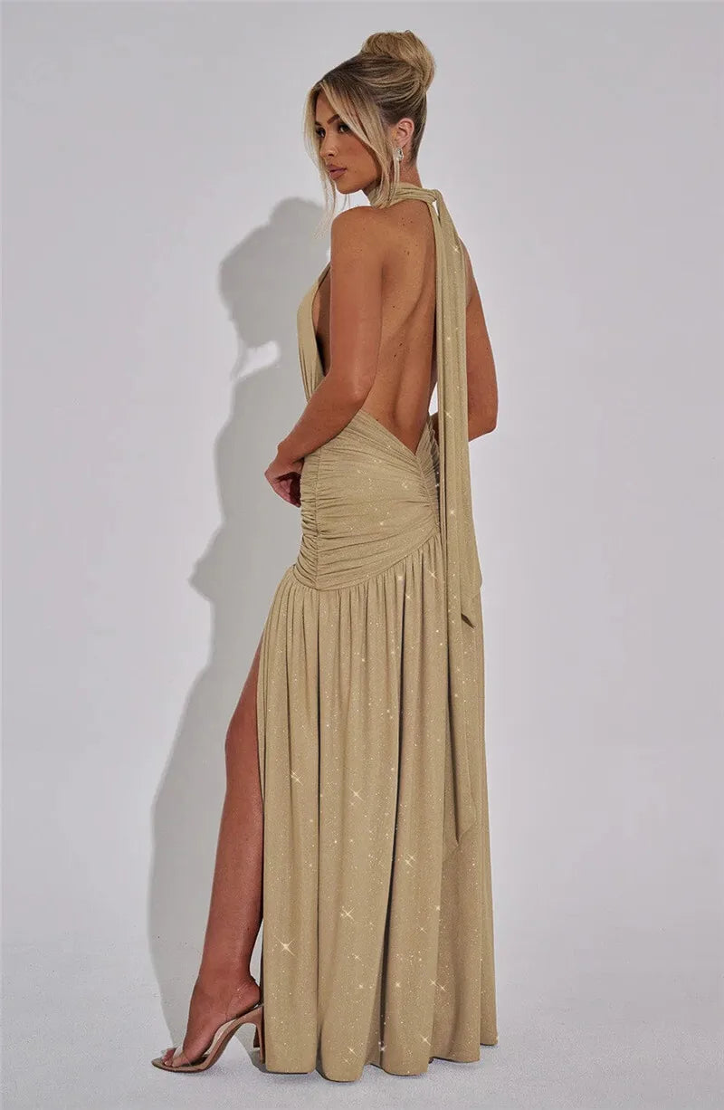 Glitter Deep V Neck Sexy Maxi Dress For Women 2025 Fashion Sparkle Halter Sleeveless Backless Split Club Long Dress