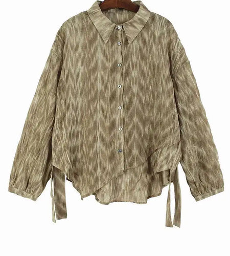 Women Coffee Tie Dye Ribbon Big Size Casual Blouse New Lapel Long Sleeve Shirt Fashion Tide Spring Autumn 2025 1DH5309