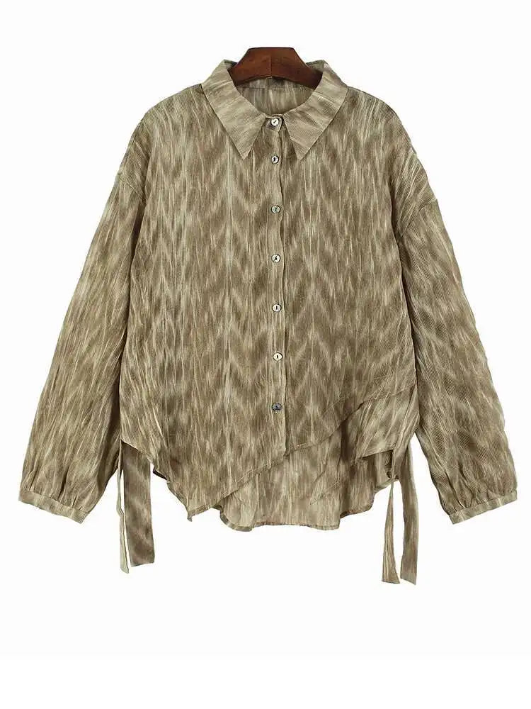 Women Coffee Tie Dye Ribbon Big Size Casual Blouse New Lapel Long Sleeve Shirt Fashion Tide Spring Autumn 2025 1DH5309