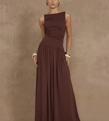 Elegant Sleeveless Maxi Dress For Women Fashion Solid Boat Neck Tank Dresses Ladies Sexy Ruched Long Dress New Gown