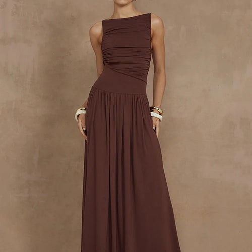 Load image into Gallery viewer, Elegant Sleeveless Maxi Dress For Women Fashion Solid Boat Neck Tank Dresses Ladies Sexy Ruched Long Dress New Gown
