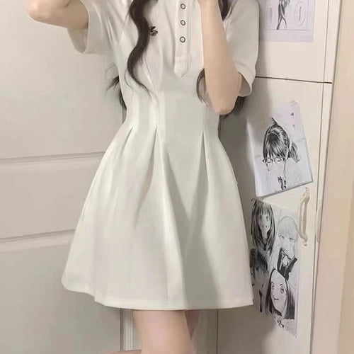 Load image into Gallery viewer, School White Kawaii Polo Dress Soft Girls Sweet Preppy Style Embroidery Wrap Short Sleeve Dresses Korean
