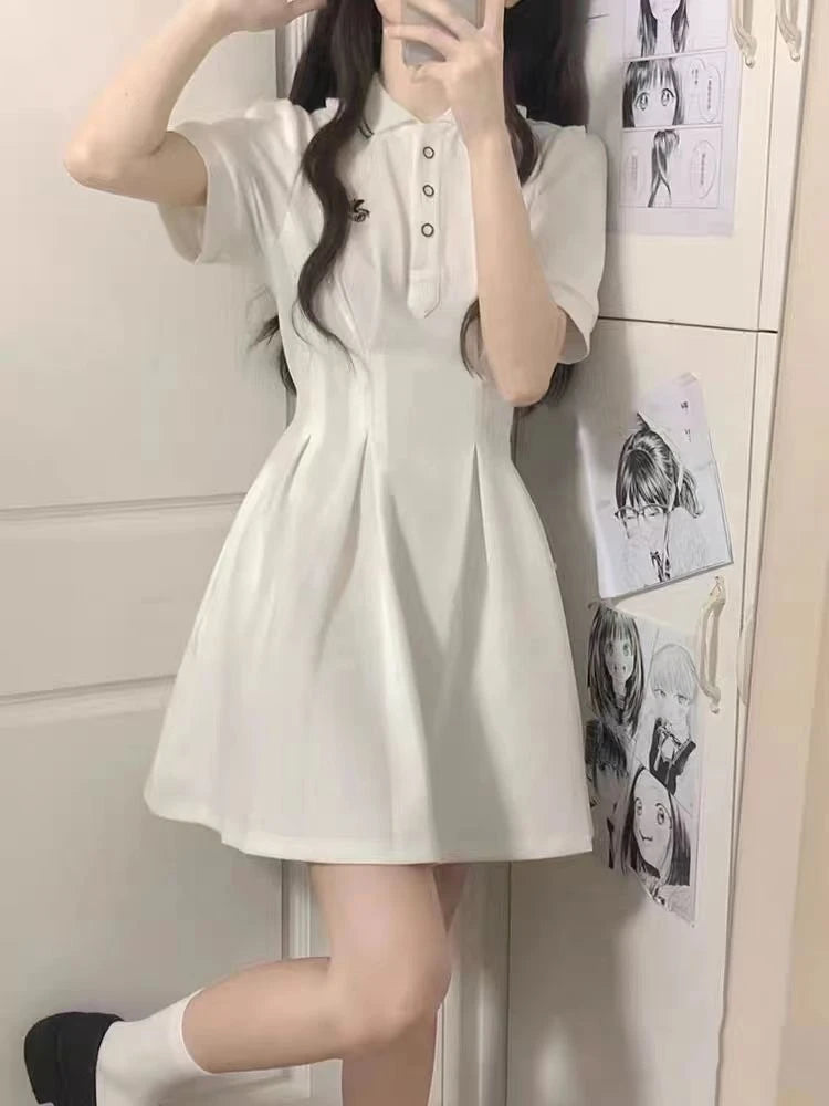 School White Kawaii Polo Dress Soft Girls Sweet Preppy Style Embroidery Wrap Short Sleeve Dresses Korean
