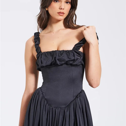 Load image into Gallery viewer, Elegant Satin Backless Midi Dress For Women High Quality Sundress Fashion Square Collar Sleeveless Loose Pleated Dress
