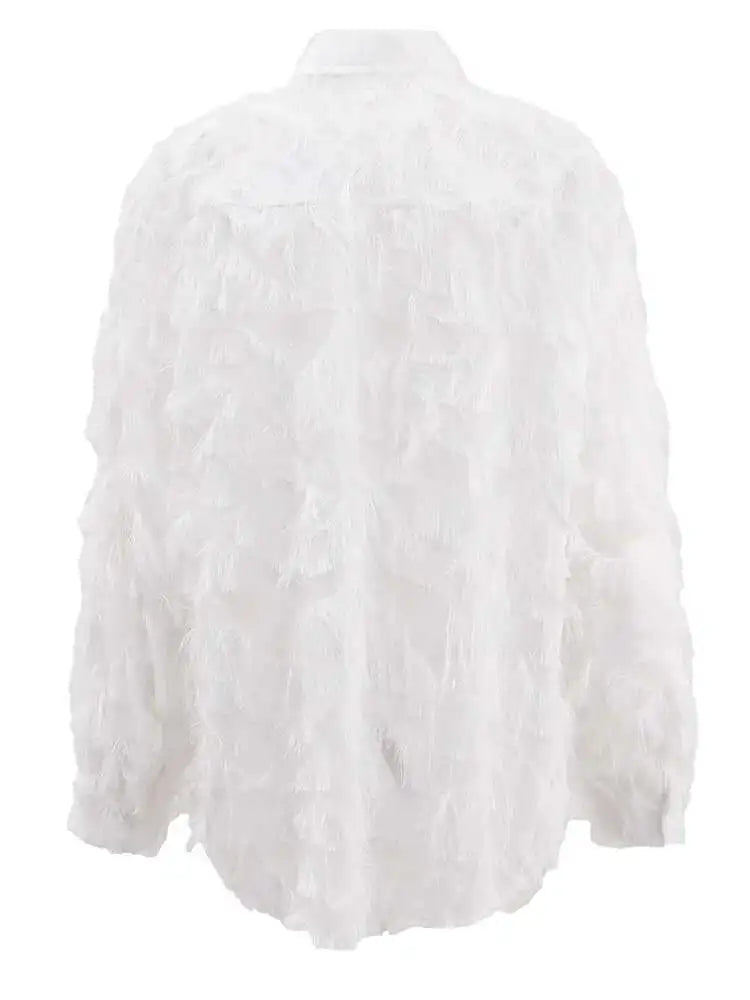 Women Black Tassels Thin Big Size Casual Blouse New Lapel Long Sleeve Shirt Fashion Tide Spring Autumn 2025 CPG1647