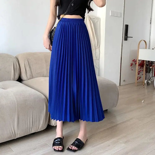Load image into Gallery viewer, Spring Summer Black Beige High Waist Pleated Long Skirts Korean Fashion Women Blue Yellow Versatile A-line Half Skirt Streetwear
