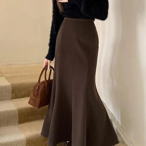 Load image into Gallery viewer, Korean Fashion Black High Waist Women Vacation Wrapped Hip Long Skirt Autumn Winter Brown Fishtail Skirts Trendy Streetwear Chic
